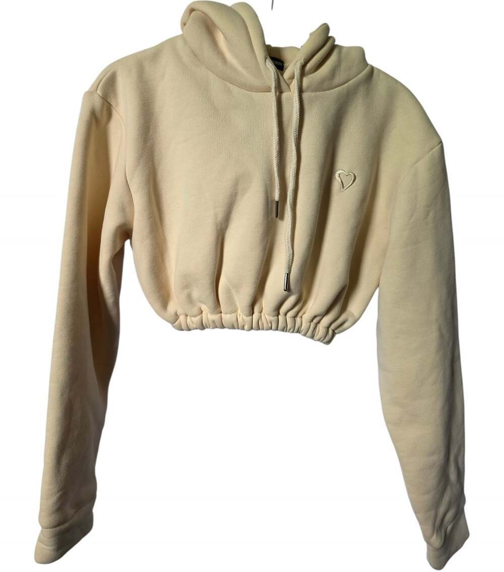 Waydamin Womens Butter Yellow Embroidered Heart Logo Cropped Hoodie Sz XS